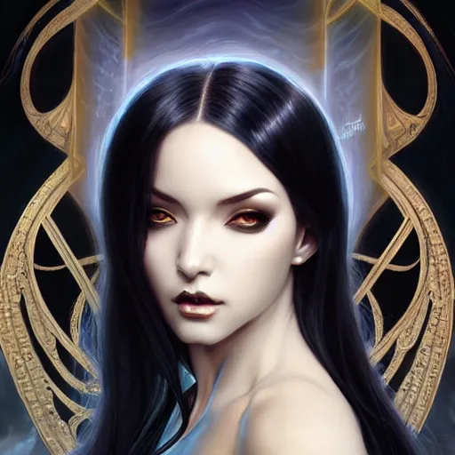 Prompt: Portrait of an Immortal Astral Succubus with platinum black hair as 2B, asian, D&D, fantasy, intricate, elegant, highly detailed, digital painting, artstation, concept art, matte, sharp focus, illustration, art by Artgerm and Greg Rutkowski and Alphonse Mucha