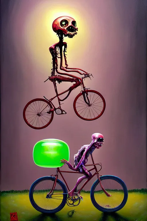 Image similar to a hyperrealistic painting of a translucent jelly zombie creature riding a bicycle through a suburban neighborhood on a sunny day, by chris cunningham and richard corben, highly detailed, vivid color,