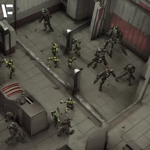 Image similar to fallout enclave fighter in power armor with a minigun in his hands shoots a crowd of zombies in the corridor of the bunker, camera view isometric, post - apocalypse, 3 d prerender, realism