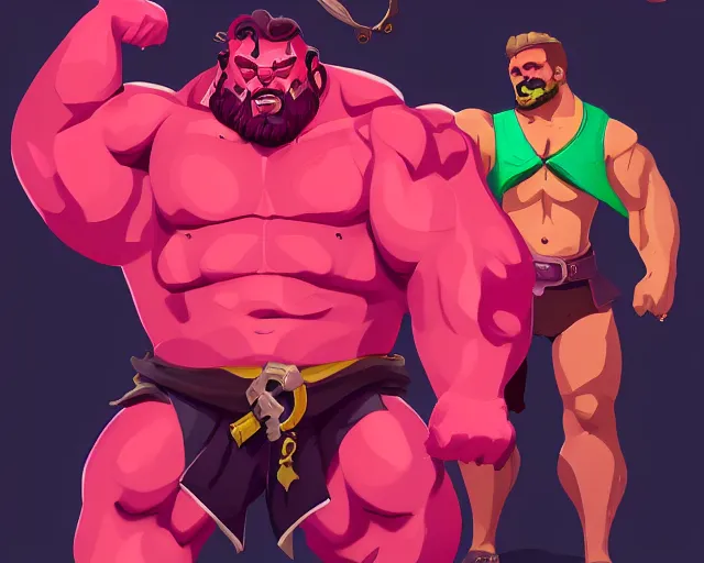 Prompt: sea of thieves character portrait concept art for a huge hulking muscular man wearing a bright pink outfit, cgsociety, trending on artstation, rare ltd,