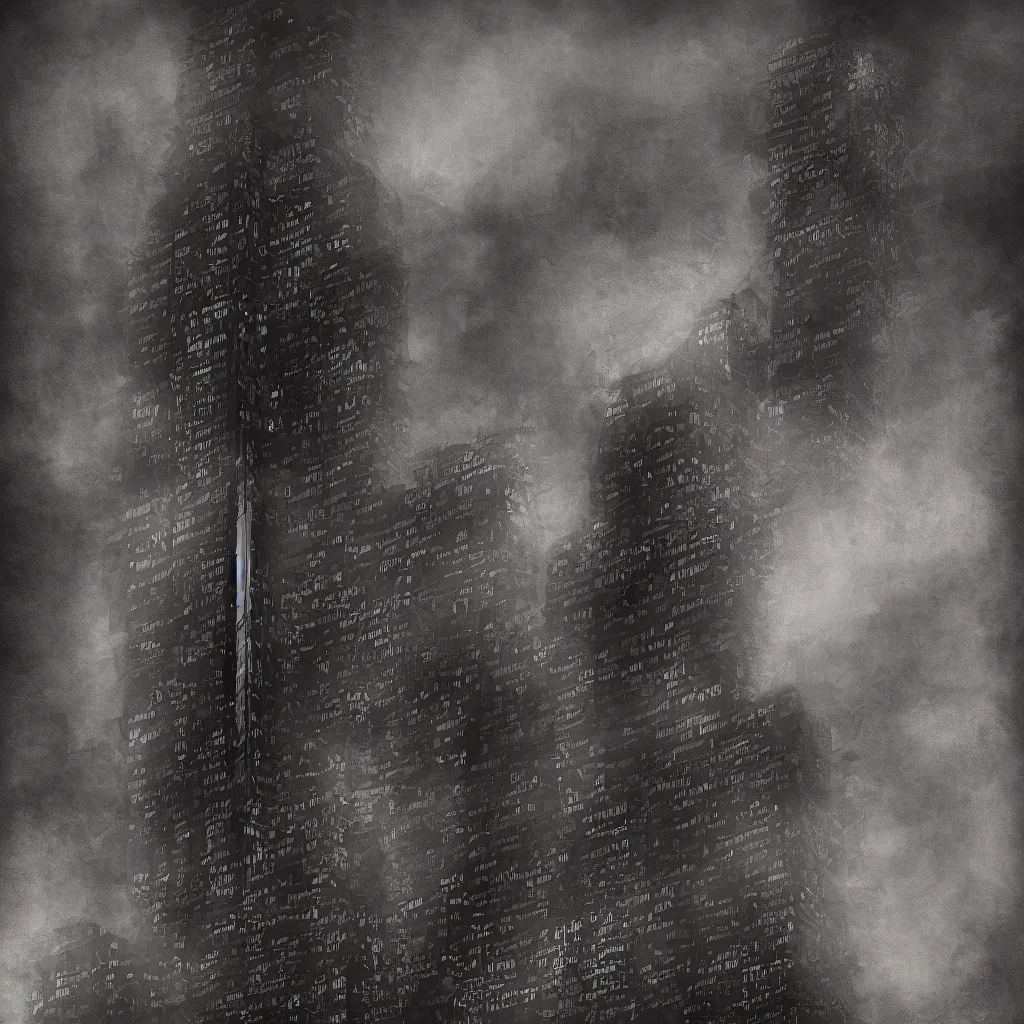 Prompt: a dark glass skyscraper in hell made of black rock with signboard ‘Sins Inc.’ on it, sins inc skyscraper front, high resolution, highly detailed, digital painting