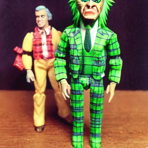 Image similar to plastic wolfman action figure with faded green face dressed in a plaid suit. 1 9 7 9 vintage