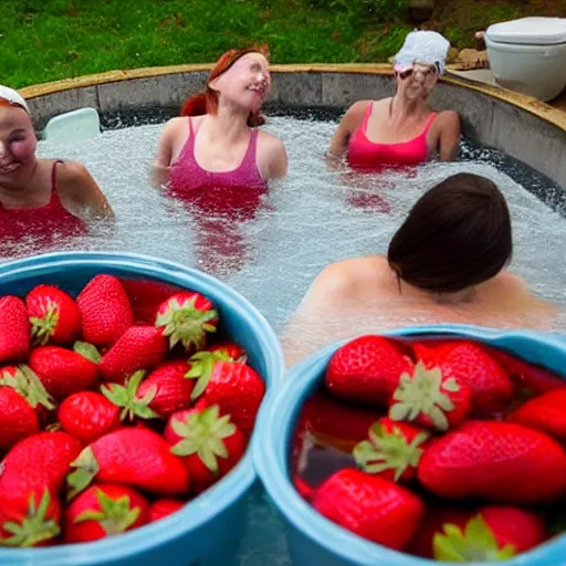 Image similar to women bathing in a bath full of strawberries, no water, only strawberries