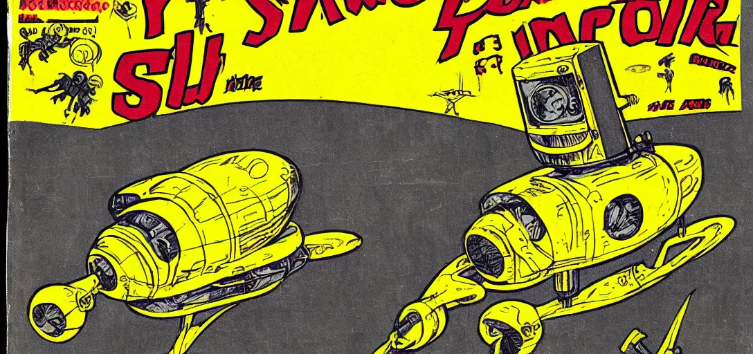 Image similar to small yellow spaceship with robot arms, comic style, pulp magazine, vintage scifi