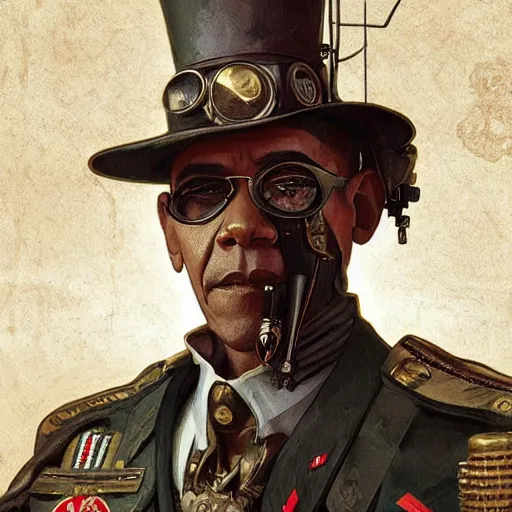 Image similar to Obama as a steampunk colonel, army, intricate, highly detailed, digital painting, artstation, concept art, sharp focus, illustration, art by greg rutkowski and alphonse mucha