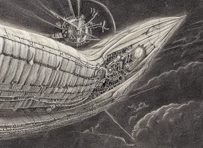 Image similar to detailed drawing of a steampunk spelljammer flying airship, illustrated by agostino arrivabene, hr giger, wayne barlowe, zdzisław beksiński, antiquity ship, ancient and modern, intricate details, clean linework, spacecraft, magical, sails, dragon