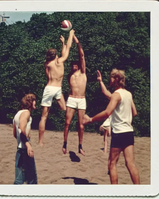 Image similar to jesus plays volleyball with his boyfriends polaroid instamatic summer 1 9 7 4