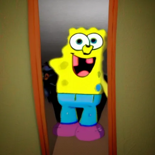 Image similar to grainy photo of a spongebob squarepants as a creepy monster in a closet, harsh flash