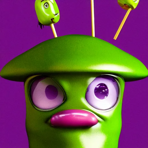 Image similar to one eyed purple alien eating a lollipop made of hardened green slime, it has antennas as ears, signal the camera to get his best side, varying angles, wide shot, golden hour