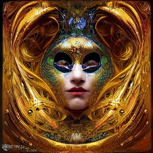 Prompt: Divine Chaos Engine, as a Venetian Carnivale Mask, by Karol Bak, Jean Deville, Gustav Klimt, and Vincent Van Gogh, celestial, visionary, sacred, fractal structures, ornate realistic gilded medieval icon, spirals