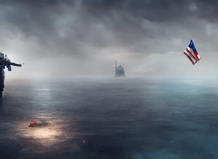 Image similar to astronaut holding a flag in an underwater desert. a submarine is visible in the distance. dark, concept art, cinematic, dramatic, atmospheric, 8 k, trending on artstation, blue, fish, low visibility, fog, ocean floor, christopher nolan, interstellar