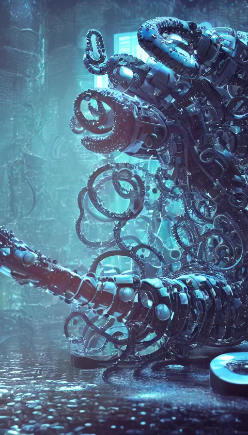 Image similar to a single bio mechanical tentacle, robotic but also organic, made up of lots of small parts, wet, shiny, horror, clinical, cyberpunk, vaporwave, futuristic, octane render, 8k, hyper realistic, super detailed