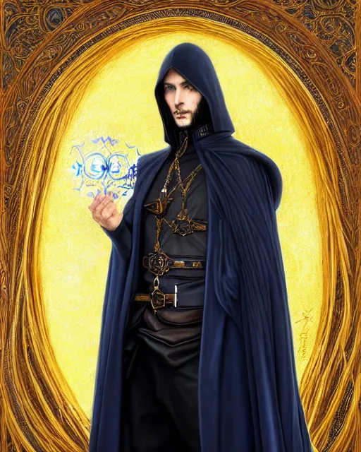 Prompt: handsome mage in front of a giant tellurion, long black hair blue eyes wearing leather mantle gothic navy cloak with gold details, castle town, fantasy character portrait, ultra realistic, intricate, elegant, highly detailed, digital painting, artstation, smooth, sharp, focus, illustration, art by artgerm and greg rutkowski and alphonse mucha