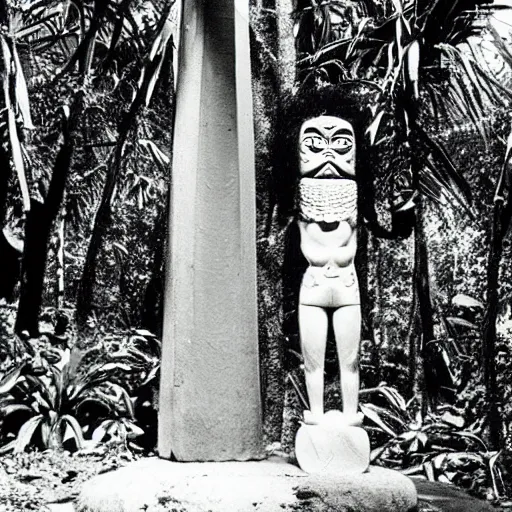 Prompt: lost film footage of a sacred surrealist totem in the middle of the tropical jungle / film still / cinematic / enhanced / 1 9 2 0 s / black and white / grain