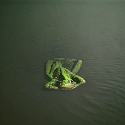 Image similar to semitranslucent smiling frog amphibian floating upside down over misty lake in Jesus Christ pose, cinematic shot by Andrei Tarkovsky, paranormal, spiritual, mystical