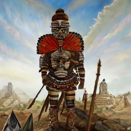 Image similar to simonetti rutkowski painting aztec warrior watching alien spaceship arriving to pyramid