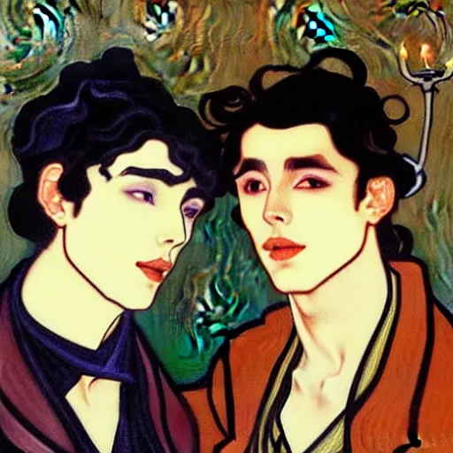 Image similar to painting of young cute handsome beautiful dark medium wavy hair man in his 2 0 s named shadow taehyung and cute handsome beautiful min - jun together at the halloween party, bubbling cauldron, candles, smoke, tarot, autumn colors, elegant, stylized, soft facial features, delicate facial features, art by alphonse mucha, vincent van gogh, egon schiele