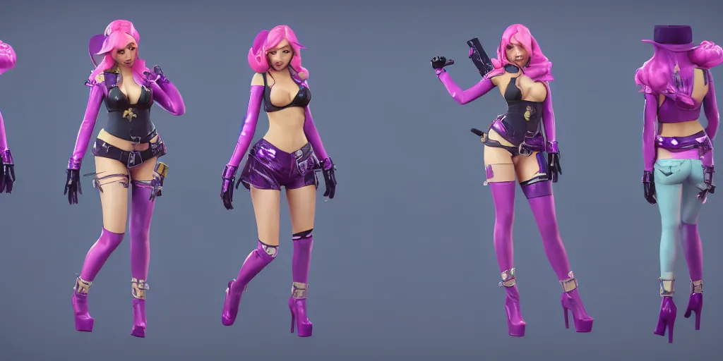 Prompt: character sheet of KDA Miss Fortune from League of Legends. Miss fortune has two small shotguns. Pastel colors, 3d render, 8k resolution, octane render