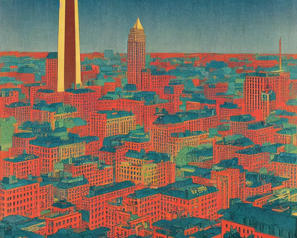 Prompt: resplendent art deco print of Washington, DC by Hasui Kawase and Lyonel Feininger