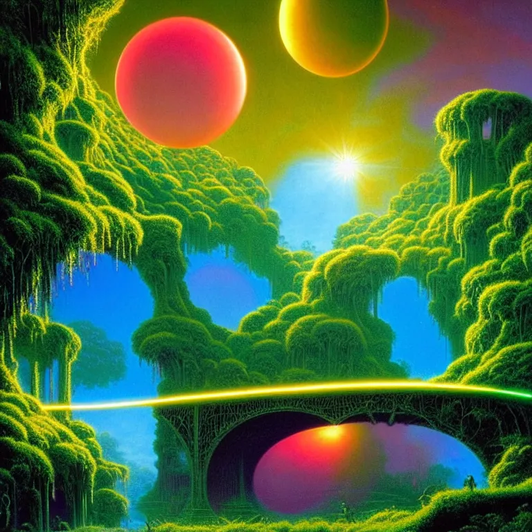 Image similar to mythical glowing orbs on bridges through lush valley, ( ( ( synthwave ) ) ), ( ( fractal waves ) ), bright neon colors, highly detailed, cinematic, tim white, michael whelan, caza, bob eggleton, philippe druillet, vladimir kush, kubrick, alfred kelsner