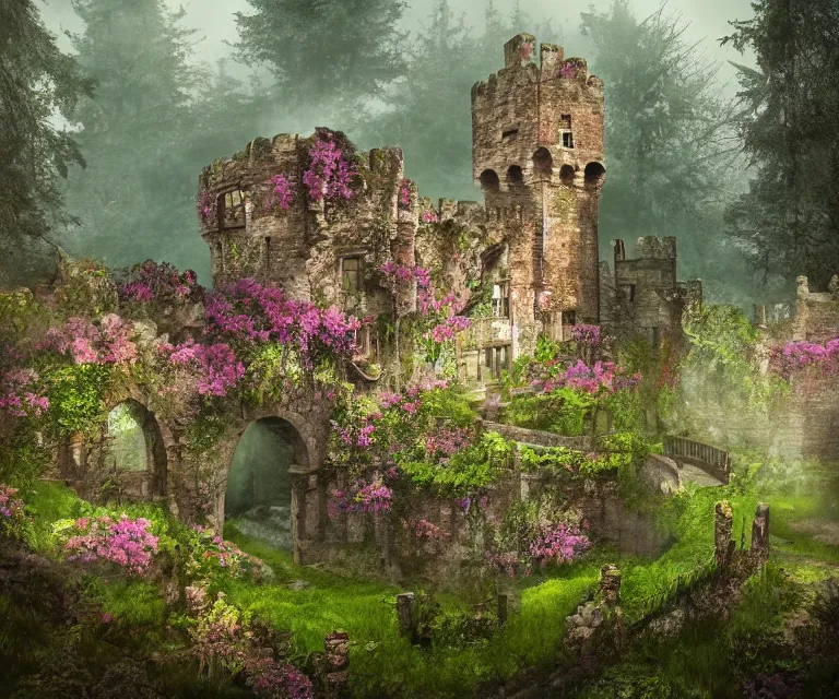 Image similar to old rundown castle in the middle of a haunted forest, foggy, high fantasy, colorful flowers, aged vegetation, photorealism