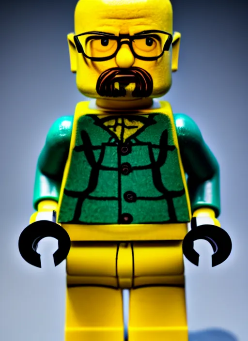 Image similar to macro photo still of lego walter white, 8 k, studio lighting, left side key light, product shot, 1 2 0 mm f 1. 4