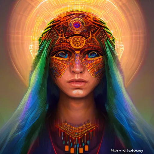 Image similar to portrait of a future metaverse Ayahuasca tech shaman warrior, 2D cartoon, visionary art, symmetric, Magick symbols, holy halo, shipibo patterns, sci-fi, concept art, trending on art station, 8k digital art, by Mandy Jurgens, fantasy art