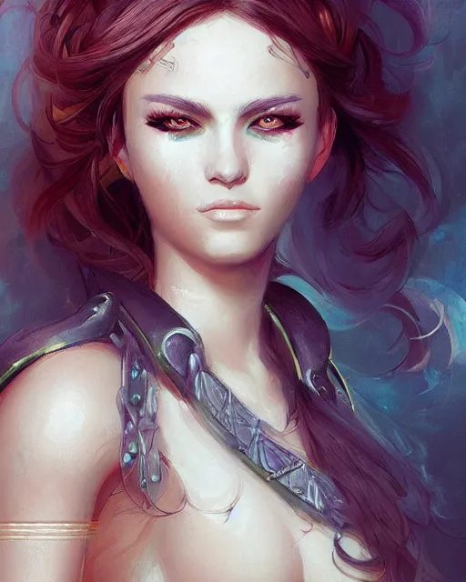 Prompt: a portrait of a beautiful female warrior by Ross Tran, James Jean