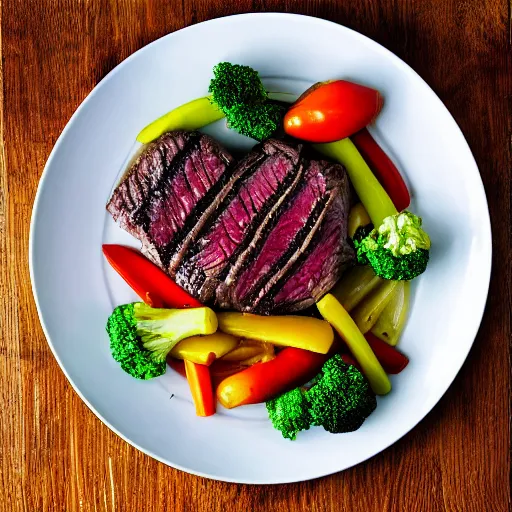 Image similar to steak dinner, large square white plate, vegetables, 4 k