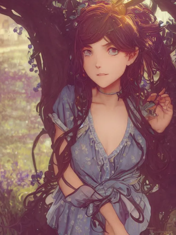 Image similar to full body picture of a blueberry neighborhood girl looking at the camera, cynical, bored, beautiful and aesthetic, intricate, unreal engine, messy hair, highly detailed, detailed face, smooth, sharp focus, chiaroscuro, manga illustration, artgerm, greg rutkowski, alphonse mucha, young adult light novel cover art