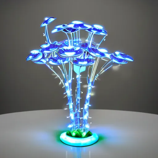 Prompt: a cybernetic, metallic, reflective orchid flower, LED lights, glowing, unreal engine