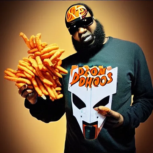 Image similar to “MF DOOM eating Cheetos, Fritos, and Doritos”