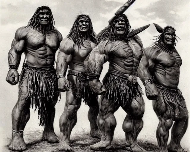 Image similar to hyper realistic group vintage photograph of an orc warrior tribe, tall, muscular, hulk like physique, tribal paint, tribal armor, grain, old