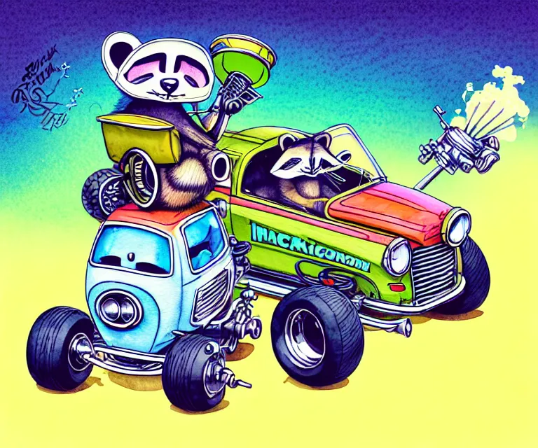 Image similar to cute and funny, racoon wearing a helmet riding in a tiny hot rod with oversized engine, ratfink style by ed roth, centered award winning watercolor pen illustration, isometric illustration by chihiro iwasaki, edited by olga shvartsur, tiny details by artgerm, symmetrically isometrically centered