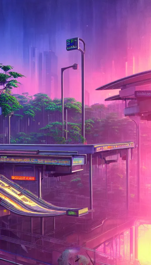 Prompt: a beautiful photorealistic painting of building metro station by john william casilear, gem retrowave meadow vaporwave bladerunner 2 0 4 9 sunset saturn junglepunk reclaimed by nature rainforest landscape poppy darkacademia synthwave, archdaily, wallpaper, highly detailed, trending on artstation.