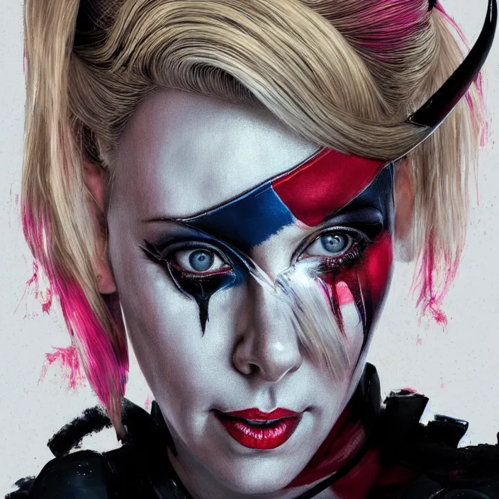 Image similar to portrait of Charlize Theron as a harley quinn. intricate abstract. intricate artwork. by Tooth Wu, wlop, beeple, dan mumford. octane render, trending on artstation, greg rutkowski very coherent symmetrical artwork. cinematic, hyper realism, high detail, octane render, 8k, iridescent accents