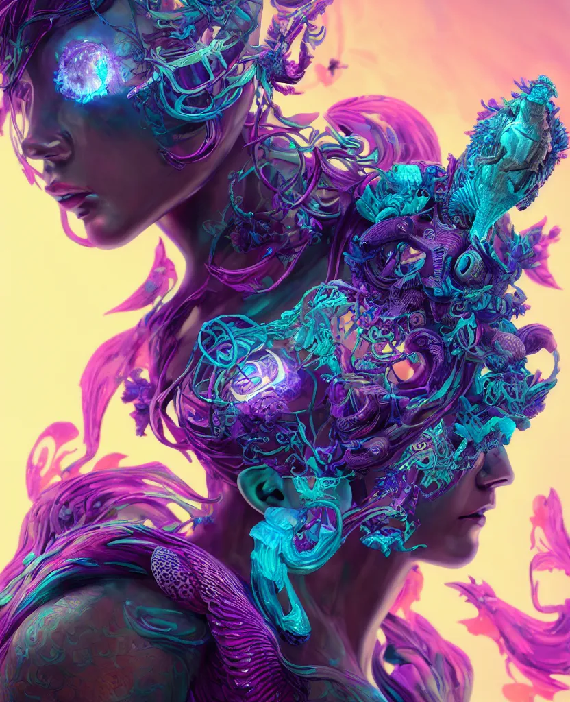 Image similar to goddess full color painted acryllic sculpture close-up portrait. orchid bird phoenix head, nautilus, skull, betta fish, bioluminiscent creatures, intricate artwork by Tooth Wu and wlop and beeple. octane render, trending on artstation, greg rutkowski very coherent symmetrical artwork. cinematic, hyper realism, high detail, octane render, 8k