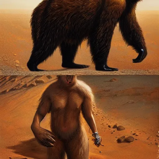 Image similar to a stunning hyperrealistic bear from the movie Annilihation walking through an arid minimalistic desert with harsh noon sunlight with an oasis in the background, award-winning, masterpiece, in the style of Tom Bagshaw, Cedric Peyravernay, Peter Mohrbacher