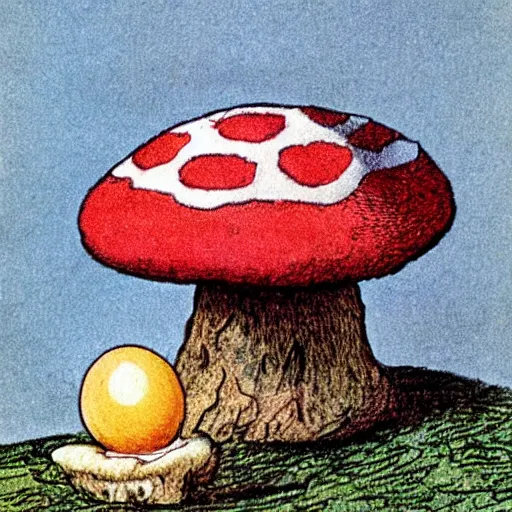 Image similar to toadstool with a ( fried egg )! cap. illustration by beatrix potter