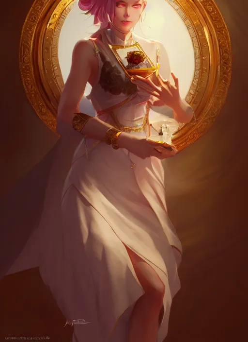 Image similar to female magician, wide angle view, lotus, flowers, gold, diamonds, highly detailed, artgerm, cushart krenz, artstation, soft light, sharp focus, illustration, character design, concept art