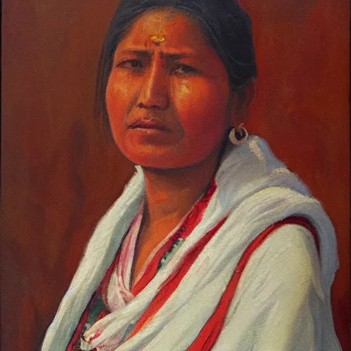Prompt: a nepali woman wearing a white shawl, oil painting