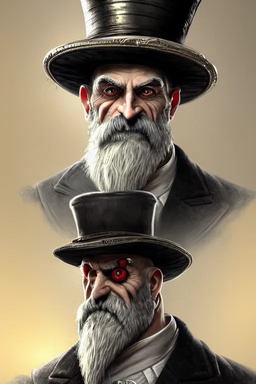 Prompt: silver monocle, portrait of a middle aged grey haired man with a top hat in the style of god of war, golden machine parts, intricate, elegant, highly detailed, digital painting, artstation, concept art, smooth, sharp focus, illustration, art by artgerm and greg rutkowski and alphonse mucha, 8 k