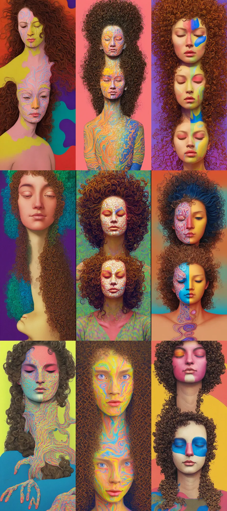 Prompt: a colorful vibrant closeup portrait of a simple caucasian woman with face paint makeup festival intricate and curly mid length brown hair with a calm aesthetic face and dreaming psychedelic hair, by kawase hasui, moebius, edward hopper and james gilleard, zdzislaw beksinski, steven outram colorful flat surreal design, hd, 8 k, artstation