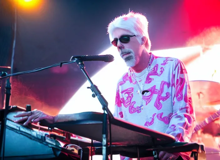 Prompt: photo still of michael mcdonald on stage at vans warped tour!!!!!!!! at age 4 8 years old 4 8 years of age!!!!!!! playing a keyboard thats on fire, 8 k, 8 5 mm f 1. 8, studio lighting, rim light, right side key light