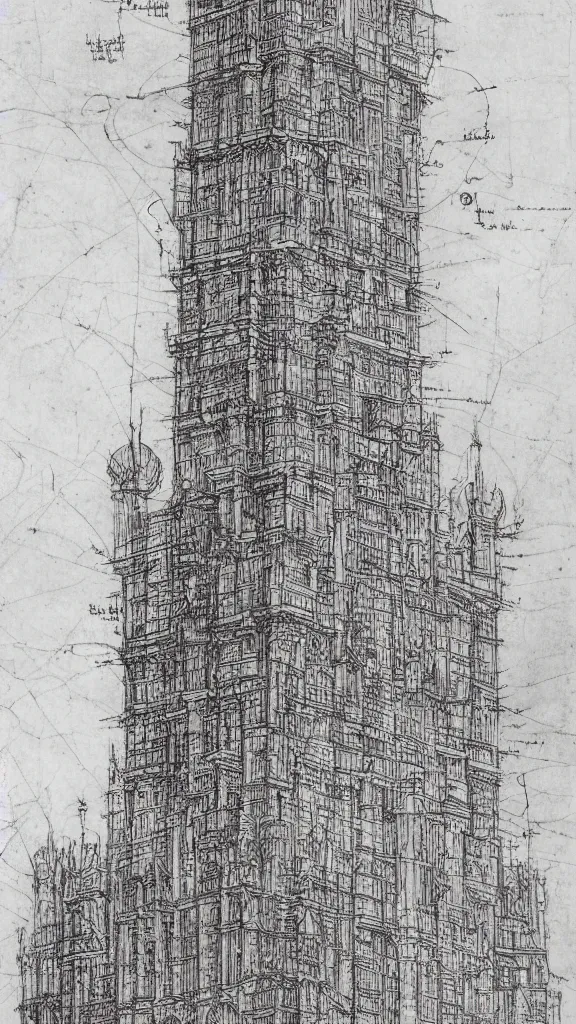 Image similar to architectural design studies of pise tower, schematics, notes, different closeup view, drawn by Leonardo da Vinci, chinese inkpen draw, artistic, intricated details