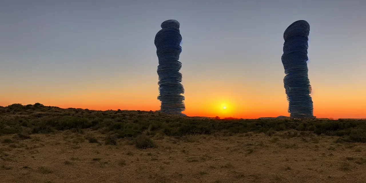 Image similar to twilight on a blue desert, organic tower in the middle distance, green tinged sky with a red sun