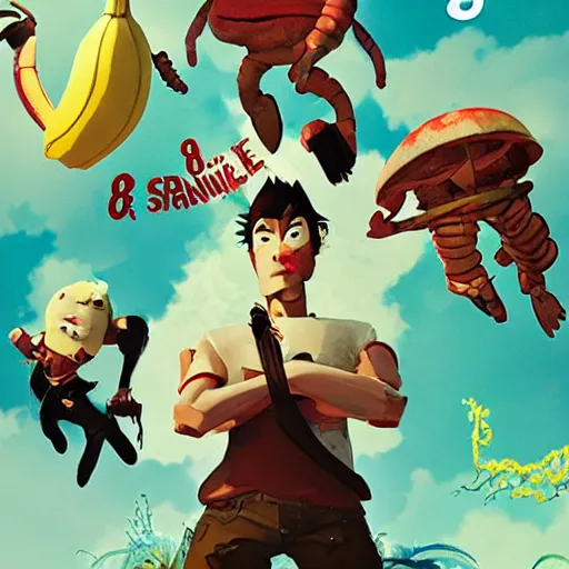 Image similar to poster for the animation called the banana spline gang, 8 k, hd, dustin nguyen, akihiko yoshida, greg tocchini, greg rutkowski, cliff chiang