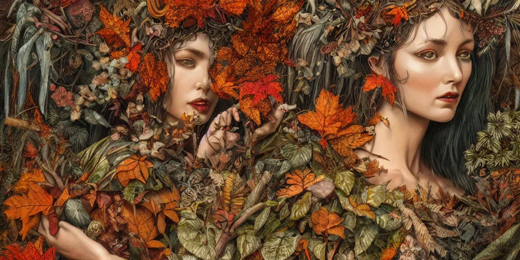 Image similar to breathtaking detailed concept art painting of goddesses of autumn by beto val, vintage illustration pattern with bizarre compositions blend of plants and stems and leaves, exquisite detail, extremely moody lighting, 8 k