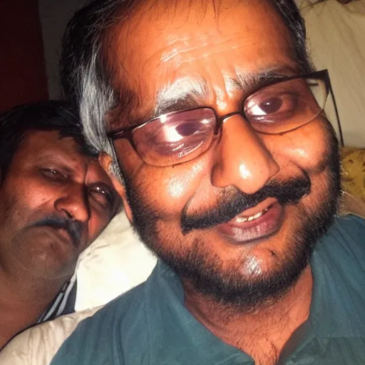 Prompt: Indian dad taking a selfie squinting because the flash is so bright