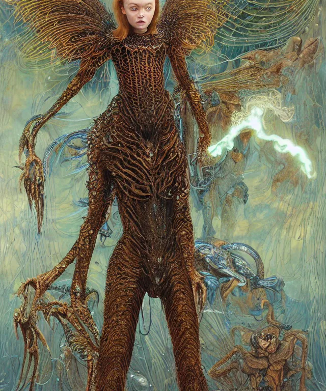 Prompt: a portrait photograph of a fierce sadie sink as a strong alien harpy queen with amphibian skin. she trying on a glowing and fiery lace shiny metal slimy organic membrane parasite and transforming into an evil insectoid snake bird. by donato giancola, walton ford, ernst haeckel, peter mohrbacher, hr giger. 8 k, cgsociety